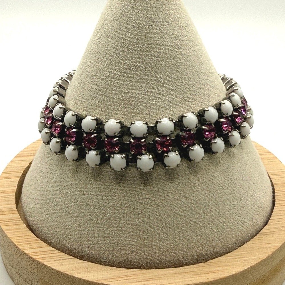 Vintage Pink Rhinestone White Milk Glass Bracelet Silver Tone 6.75" 3 Strands